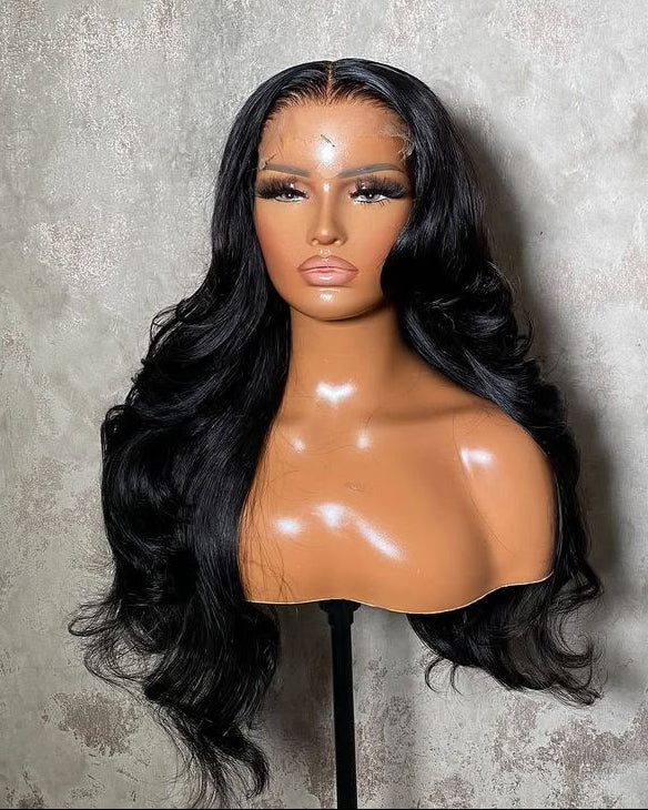 Natural Black Curtain Bangs Human blend Lace Front Wig